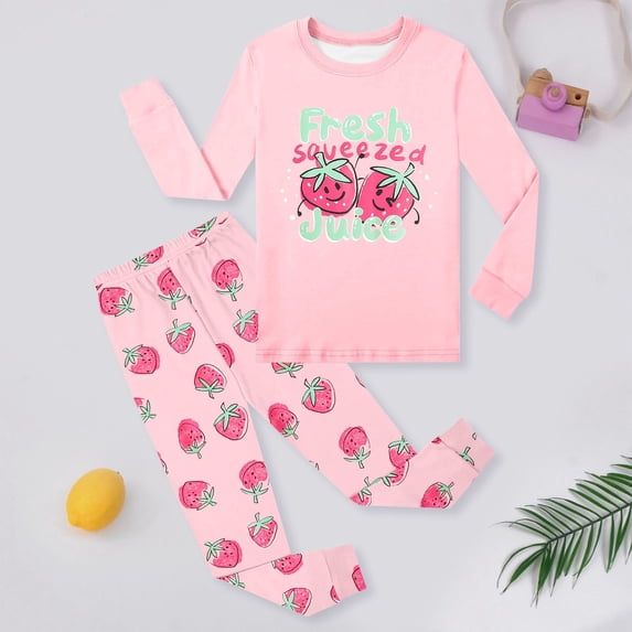BOOMNY Girls 2 Peice Pajamas Sets Strawberry Graphic Long Sleeve Sleepwear Tops Pants Pjs Set for Kids Cozy Loungewear Homewear