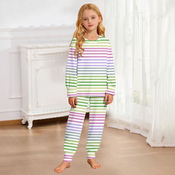 BOOMNY Girls 2 Peice Pajamas Sets Striped Long Sleeve Sleepwear Tops Pants Pjs Set for Kids Cozy Loungewear Homewear
