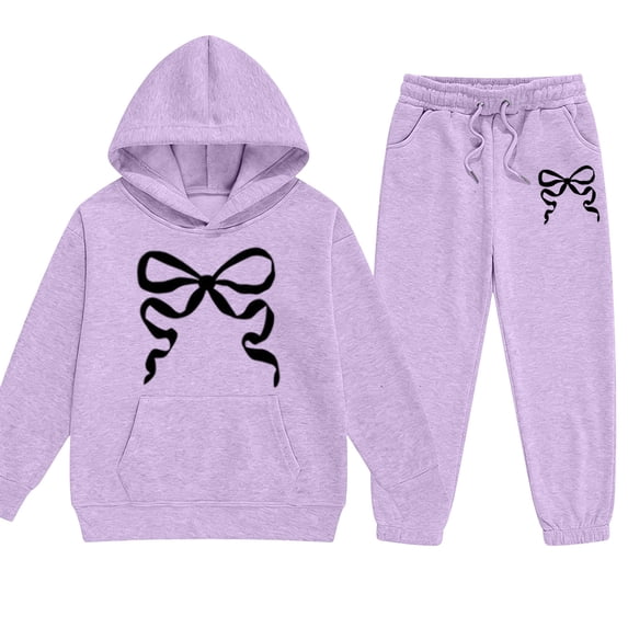 BOOMNY Girls 2 Peice Sweatsuits Bowknot Graphic Y2K Long Sleeve Hoodies Sweatpants Sets for Kids Comfy Track Suits