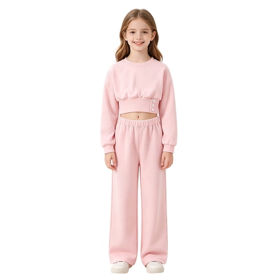 BOOMNY Girls 2 Peice Sweatsuits Solid Long Sleeve Cropped Sweatshirts Pants Sets for Kids Comfy Track Suits