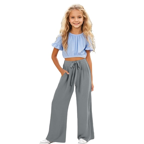 BOOMNY Girls Baggy Linen Pants Wide Leg Beach Pants for Kids Trendy Elastic Waist Drawstring Solid Fall Jogger Trousers With Pockets