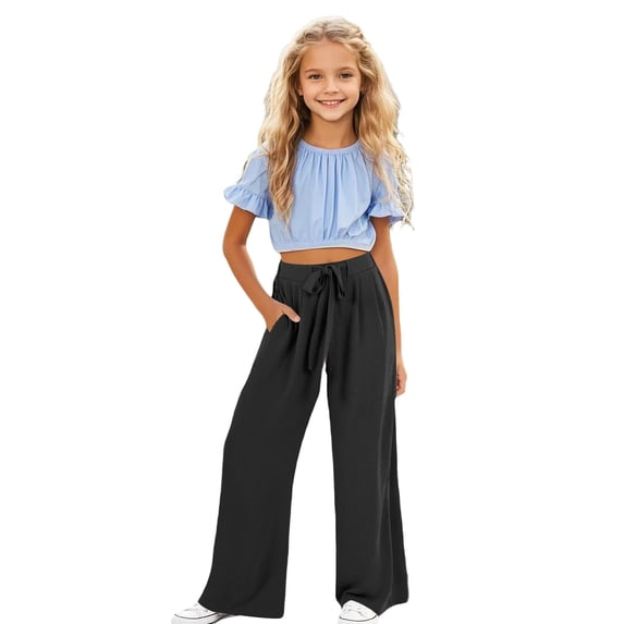 BOOMNY Girls Baggy Pants Wide Leg Pants for Girl Trendy Solid Color Y2K Elastic Waist Lightweight Loose Fit Soft Athletic Joggers With Pocket