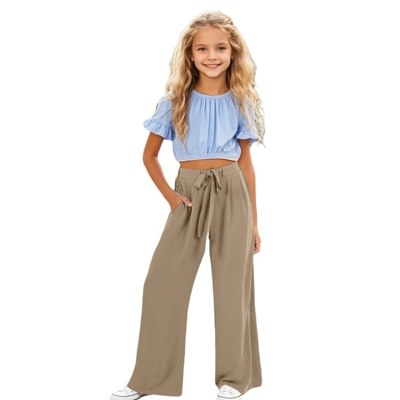 BOOMNY Girls Baggy Pants Wide Leg Pants for Girl Trendy Solid Color Y2K Elastic Waist Lightweight Loose Fit Soft Athletic Joggers With Pocket