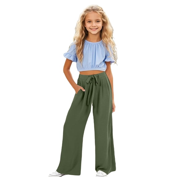 BOOMNY Girls Baggy Pants Wide Leg Pants for Girl Trendy Solid Color Y2K Elastic Waist Lightweight Loose Fit Soft Athletic Joggers With Pocket