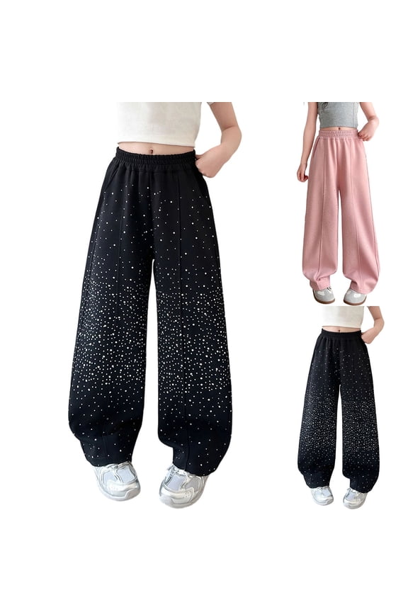 Girls Baggy Sweatpants Wide Leg Jogger Pants for Kids Trendy Elastic Waist Drawstring Glitter Graphic Athletic Trousers With Pockets