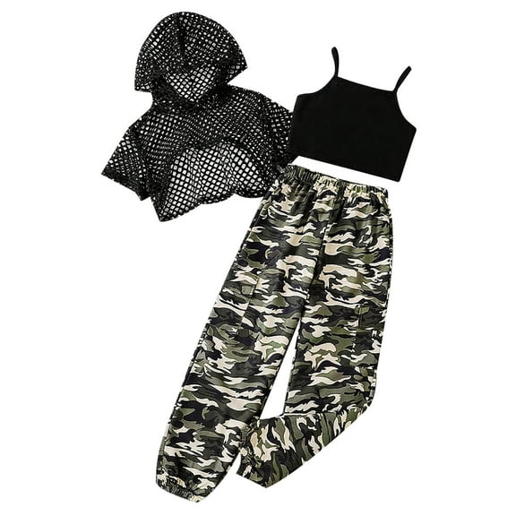 BOOMNY Girls Clothes Sets Sleeveless Casual Camouflage Cropped Tops Pants With Hollow Out Shirt 3Pcs Outfit Sets Lightweight Summer Clothing Set