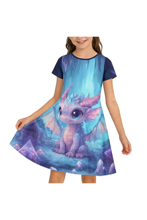 Girls Dress Short Sleeve Summer Midi Dresses for Girl Cartoon Dragon Graphic Lightweight Loose Fit Casual Beach Sundress