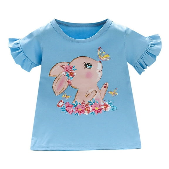BOOMNY Girls Easter Tshirts Ruffled Sleeve Happy Easter Cute Cartoon Bunny Printed T-Shirts Funny Soft Loose Shirt Tops Suitable For Dailywear