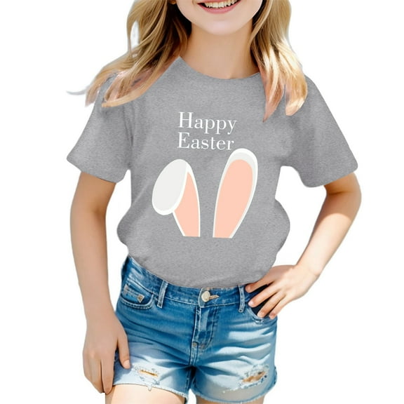 BOOMNY Girls Easter Tshirts Short Sleeve Happy Easter Cute Cartoon Bunny Printed T-Shirts Funny Soft Loose Shirt Tops Suitable For Dailywear