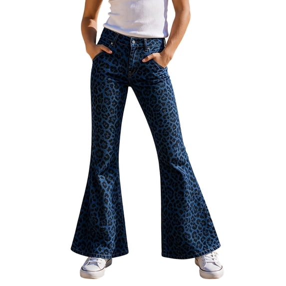 BOOMNY Girls Leopard Flared Pants Slim Fit Bell Bottom Pants for Kids Trendy High Waist Graphic Y2K Flared Leggings With Pockets
