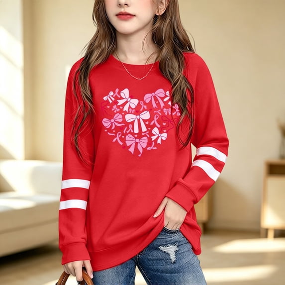 BOOMNY Girls Long Sleeve T Shirt Children Crew Neck Tops Tunic Girls T Shirt Bow Graphic Dailywear