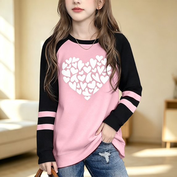 BOOMNY Girls Long Sleeve T Shirt Children Crew Neck Tops Tunic Girls T Shirt Heart Graphic Dailywear
