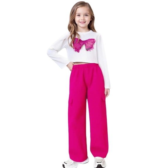 BOOMNY Girls Outfit 2 Peice Sets Bowknot Embroidery Long Sleeve Tops Cargo Pants Sets for Kids Soft Clothing Set