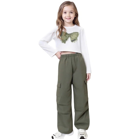 BOOMNY Girls Outfit 2 Peice Sets Bowknot Embroidery Long Sleeve Tops Cargo Pants Sets for Kids Soft Clothing Set