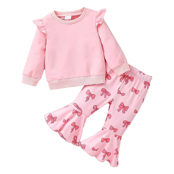 BOOMNY Girls Outfit 2 Peice Sets Bowknot Graphic Long Sleeve Tops Flared Pants Sets for Kids Soft Clothing Set