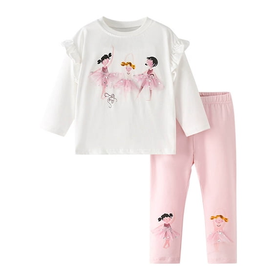 BOOMNY Girls Outfit 2 Peice Sets Graphic Long Sleeve Ruffled Tops Pants Sets for Kids Soft Clothing Set