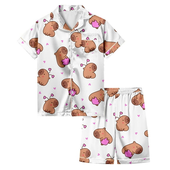 BOOMNY Girls Pajama Sets Short Sleeve Cartoon Capybara Graphic Pajamas Sleepwear Shorts 2Pcs Pjs Set Cozy Summer Loungewear