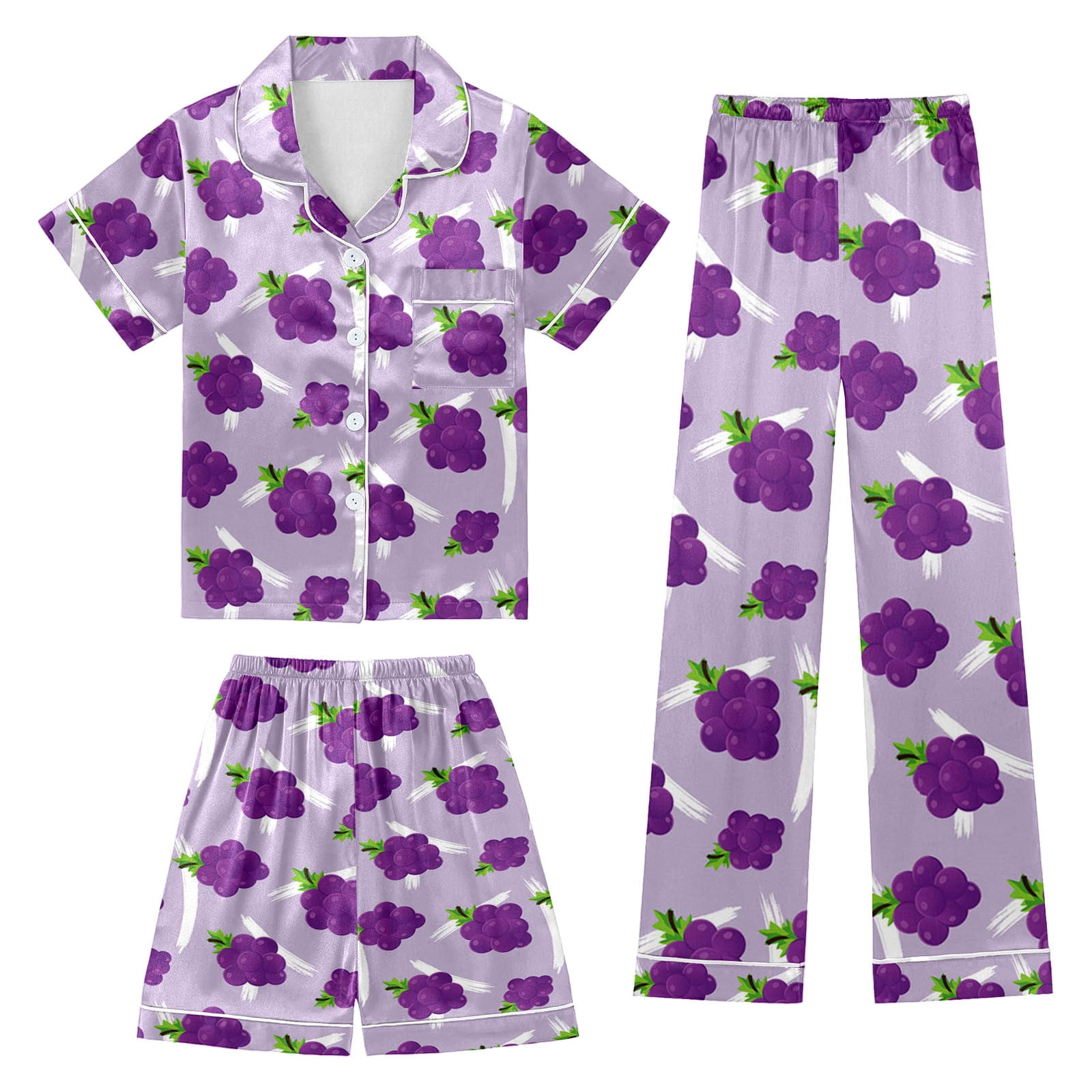 Vopmocld Girls' 3-Piece Pajama Set - Button-Down Short Sleeve Top With Long Pants & Shorts, Cute Cartoon Print - View #7
