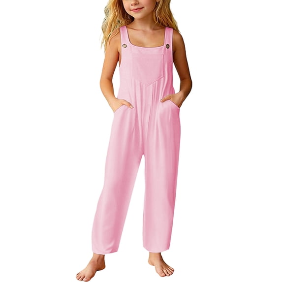 BOOMNY Girls Romper Jumpsuits Loose Overalls for Kids Trendy Adjustable Strap Solid Cozy Suspender Pants With Pockets
