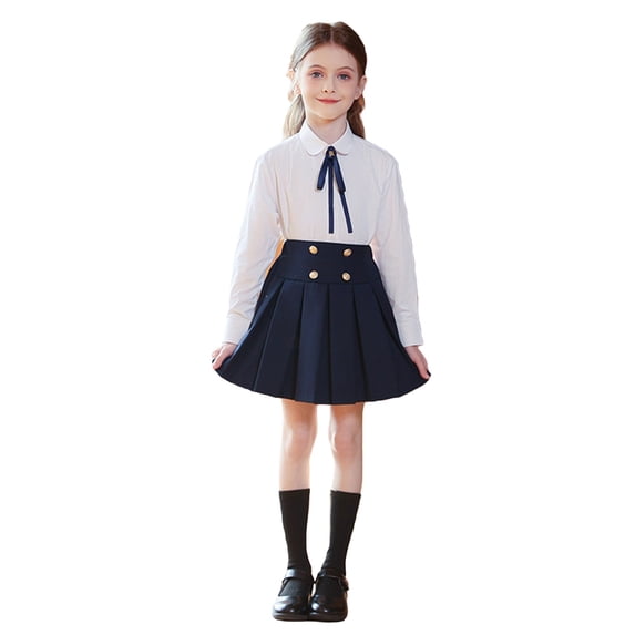BOOMNY Girls School Uniform 3 Peice Sets British Long Sleeve Shirts Dress And Bowtie Sets for Kids Elegant Clothing Set
