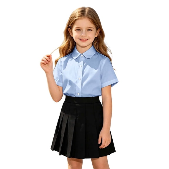 BOOMNY Girls School Uniform Short Sleeve Shirts Lapel Solid Color Buttons Shirts for Girl Soft School Dailywear