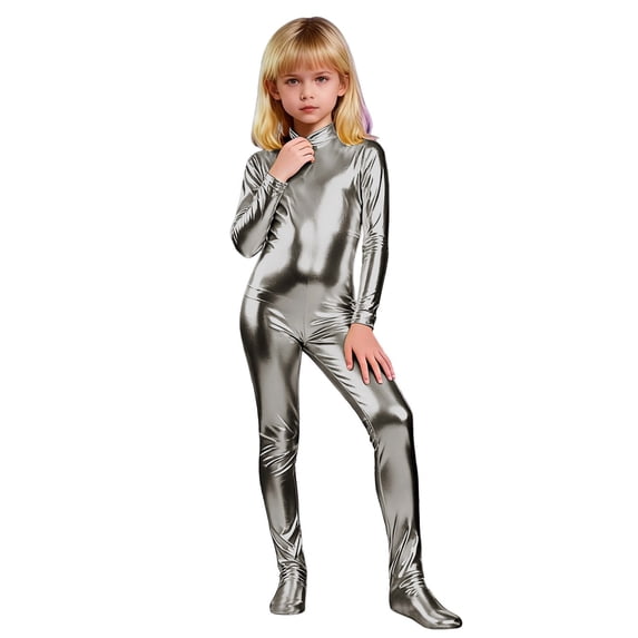 BOOMNY Girls Shiny Metallic Unitard Sparkly Long Sleeve Turtleneck Leotard for Kids Funny Stage Performance Bodysuit