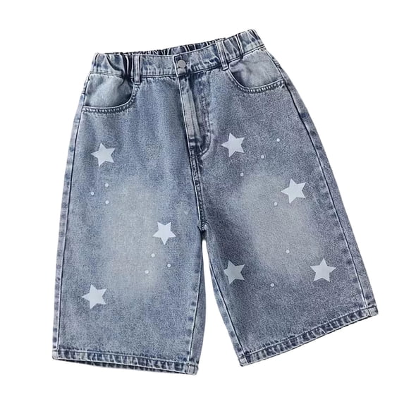 BOOMNY Girls Short Jeans Wide Leg Denim Shorts for Kids Trendy Elastic Waist Star Embroidery Cozy Short Jeans With Pockets