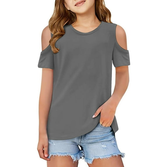 BOOMNY Girls T Shirts Short Sleeve Shirts Solid Color Crew Neck Off Shoulder Cool Breathable Tee Leisure Girl's Summer Clothing 9-10 Years