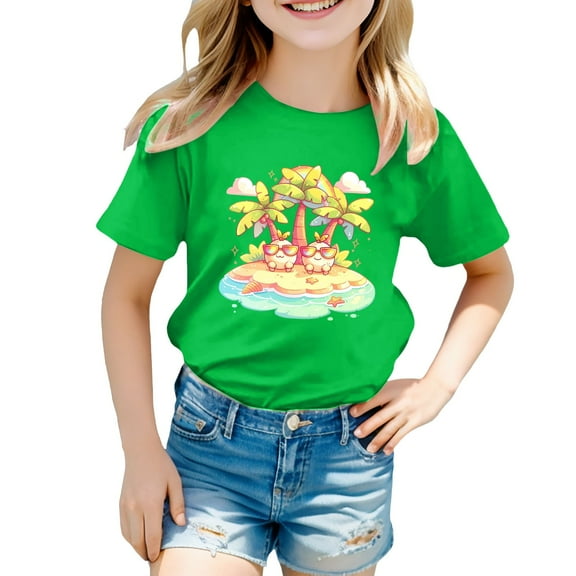 BOOMNY Girls Tee Shirts Casual Hawaiian Coconut Tree Island Printed Short Sleeve Crew Neck Lightweight Loose T Shirt Comfy Girls Dailywear 12-18 Months