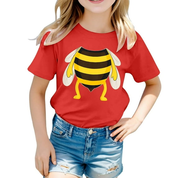BOOMNY Girls Tee Shirts Cute Cartoon Bee Letter Printed Short Sleeve Round Neck Cool Breathable Tee Leisure Girl's Summer Clothing 1-2 Years