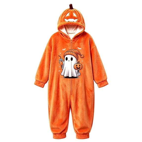 BOOMNY Halloween Flannel Pajamas Jumpsuit for Men And Women Hallowmas Pumpkin Face Graphic Long Sleeve Hooded Pjs Jumpsuit Cozy Warm Loungewear Homewear