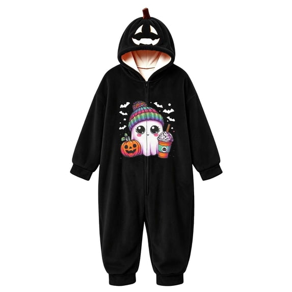 BOOMNY Halloween Flannel Pajamas Jumpsuit for Men And Women Hallowmas Pumpkin Ghost Graphic Long Sleeve Hooded Pjs Jumpsuit Cozy Warm Loungewear Homewear