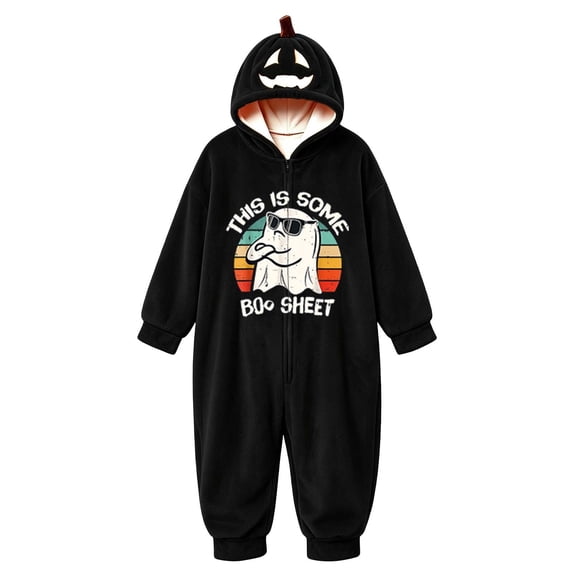 BOOMNY Halloween Flannel Pajamas Jumpsuit for Men And Women Hallowmas Pumpkin Ghost Graphic Long Sleeve Hooded Pjs Jumpsuit Cozy Warm Loungewear Homewear