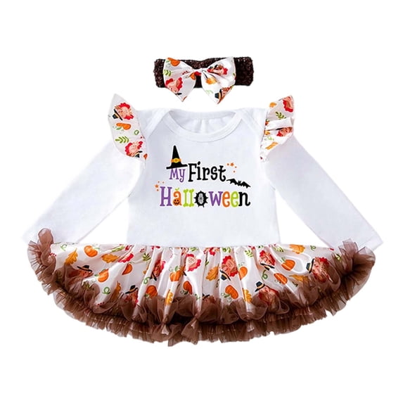 BOOMNY Halloween Girls 2 Peice Outfit Sets Hallowmas Graphic Long Sleeve Dress With Hairband Sets for Kids Soft Clothing Set