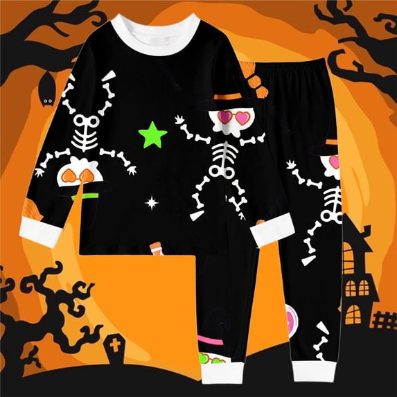 BOOMNY Halloween Girls 2 Peice Pajamas Sets Hallowmas Pumpkin Ghost Graphic Long Sleeve Sleepwear Tops Pants Pjs Set for Kids Cozy Loungewear Homewear