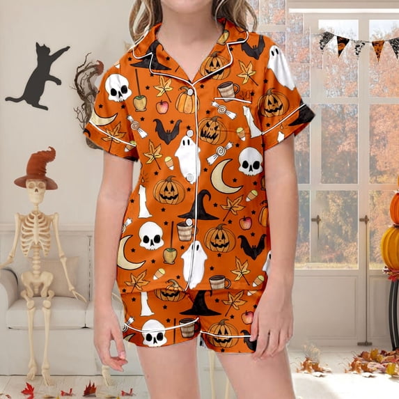 BOOMNY Halloween Girls 2 Peice Pajamas Sets Hallowmas Pumpkin Ghost Graphic Short Sleeve Buttons Sleepwear Tops Shorts Pjs Set for Kids Cozy Loungewear Homewear