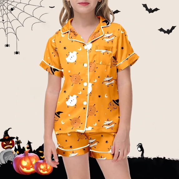 BOOMNY Halloween Girls 2 Peice Pajamas Sets Hallowmas Pumpkin Ghost Graphic Short Sleeve Buttons Sleepwear Tops Shorts Pjs Set for Kids Cozy Loungewear Homewear