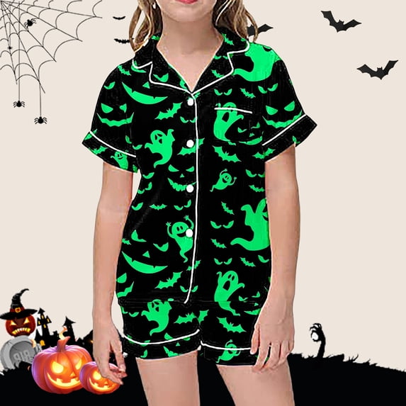 BOOMNY Halloween Girls 2 Peice Pajamas Sets Hallowmas Pumpkin Ghost Graphic Short Sleeve Buttons Sleepwear Tops Shorts Pjs Set for Kids Cozy Loungewear Homewear
