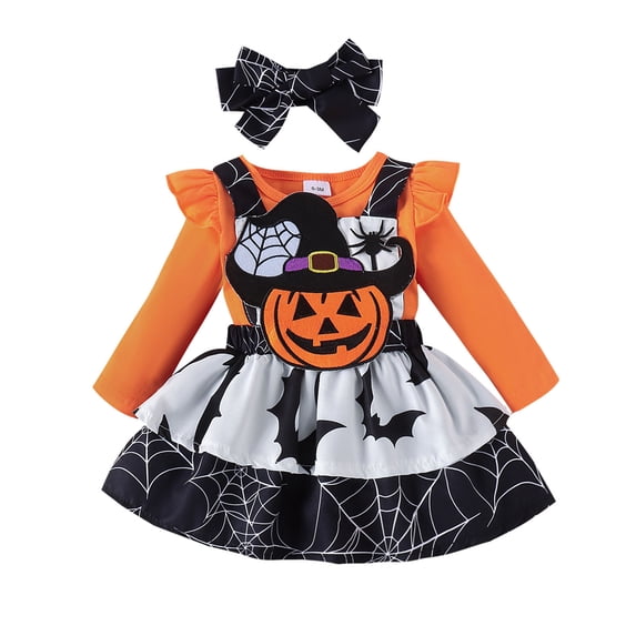 BOOMNY Halloween Girls 3 Peice Outfit Sets Hallowmas Pumpkin Ghost Embroidery Long Sleeve Bodysuit Dress With Hairband Sets for Kids Comfy Clothing Set