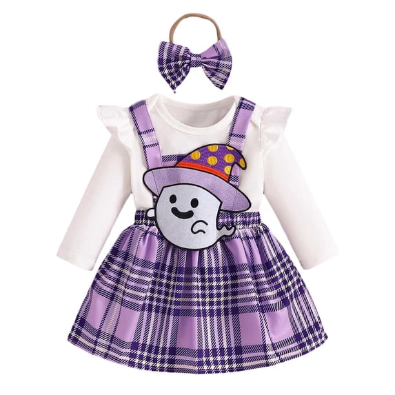 BOOMNY Halloween Girls 3 Peice Outfit Sets Hallowmas Pumpkin Ghost Embroidery Long Sleeve Bodysuit Dress With Hairband Sets for Kids Comfy Clothing Set