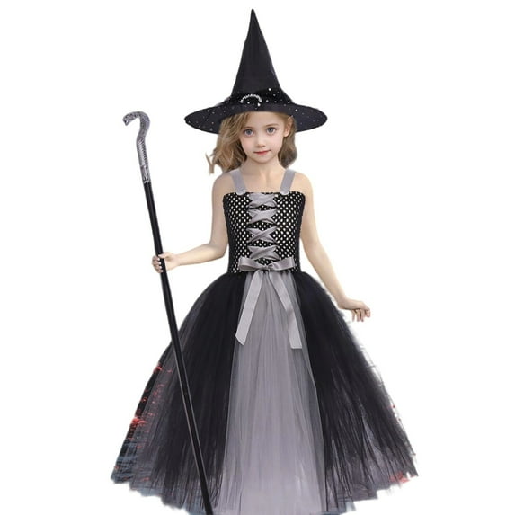 BOOMNY Halloween Girls Clothes Sets Funny Hallowmas Witch Dress Up Lace Mesh Dress With Hat Stage Performance Outfits Cozy Halloween Clothing Set