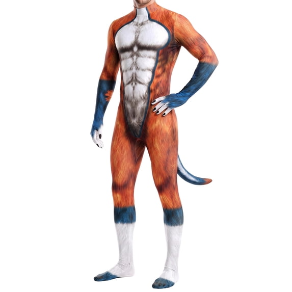 BOOMNY Halloween Mens Animal Bodysuit Hallowmas Animal Graphic Long Sleeve Catsuit Playful Stage Performance Fullbody Jumpsuit