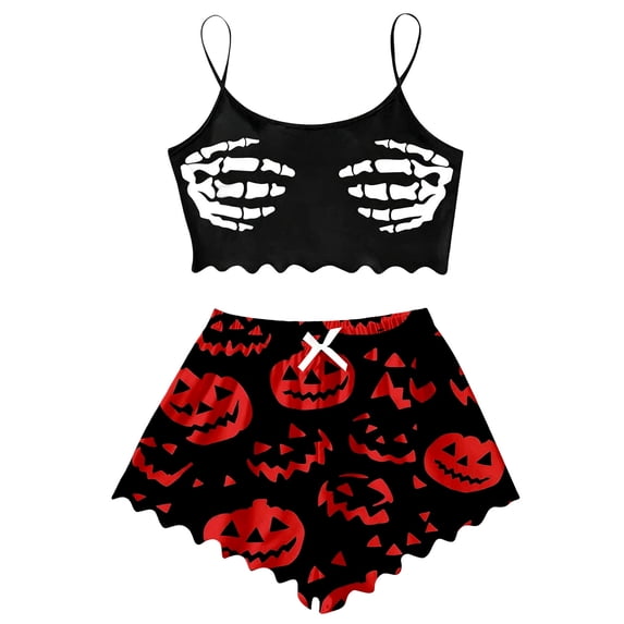BOOMNY Halloween Pajamas Women Spooky Skeleton Graphic Sleeveless Tops Shorts Pjs Sets Lightweight Hallowmas Loungewear Nightwear