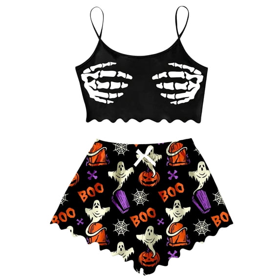 BOOMNY Halloween Pajamas Women Spooky Skeleton Graphic Sleeveless Tops Shorts Pjs Sets Lightweight Hallowmas Loungewear Nightwear