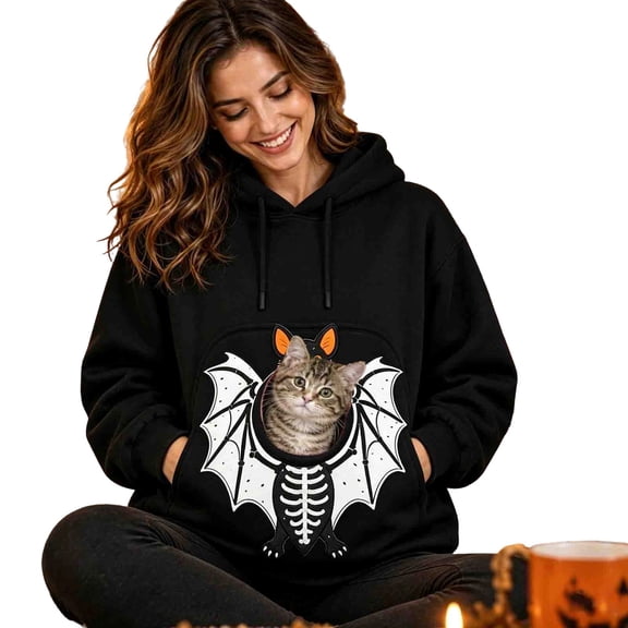 BOOMNY Halloween Pet Pouch Hoodie for Women Cute Bat Graphic Cat Dog Hoodies for Women Kangaroo Pocket Warm Winter Animal Holder