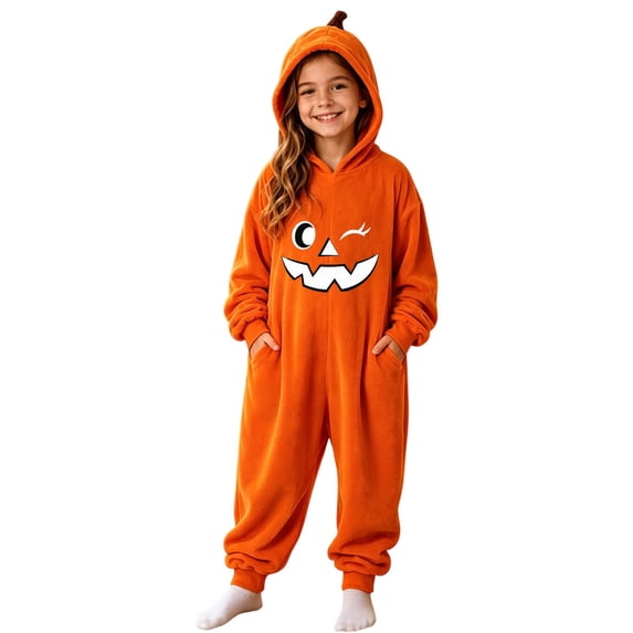 BOOMNY Halloween Unisex Boys Girls Romper Jumpsuit Hallowmas Pumpkin Face Graphic Long Sleeve Hooded Jumpsuits for Kids Soft Warm Winter Loungewear Jumpsuit