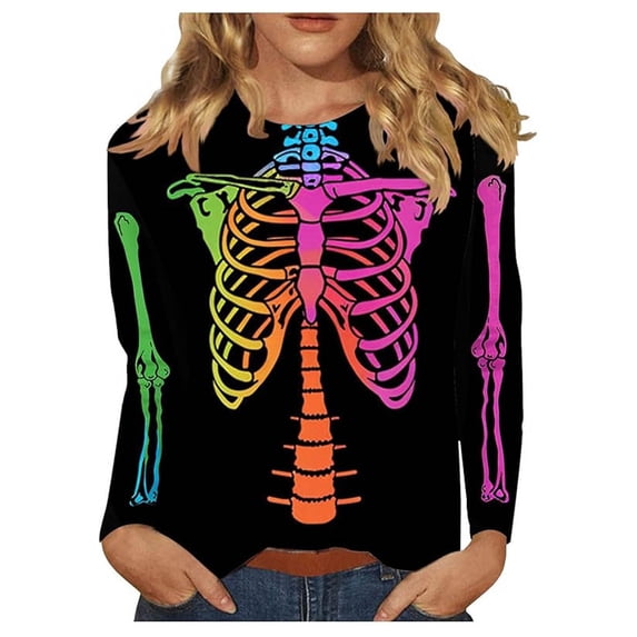 BOOMNY Halloween Womens 3/4 Sleeve Tshirts Crew Neck Hallowmas Skeleton Graphic T-Shirt Cozy Fall Tee Tops for Women