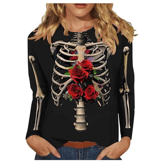 BOOMNY Halloween Womens 3/4 Sleeve Tshirts Crew Neck Hallowmas Skeleton Graphic T-Shirt Cozy Fall Tee Tops for Women