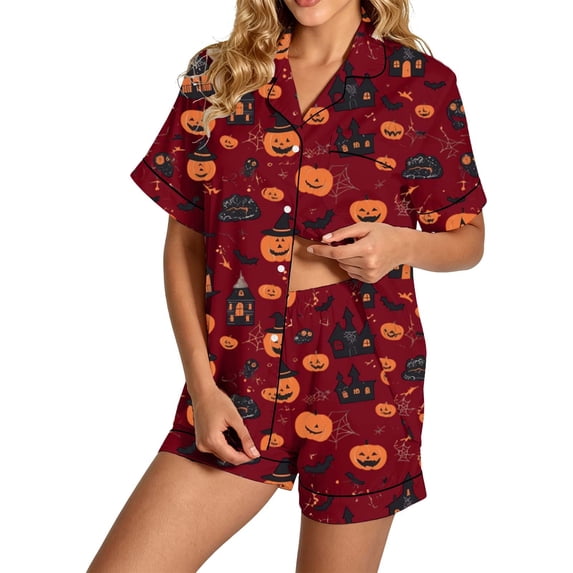 BOOMNY Halloween Womens Pajama Sets 2 Peice Pjs Set for Women Hallowmas Pumpkin Ghost Graphic Short Sleeve Buttons Sleepwear Tops Shorts Cozy Homewear Loungewear Sets