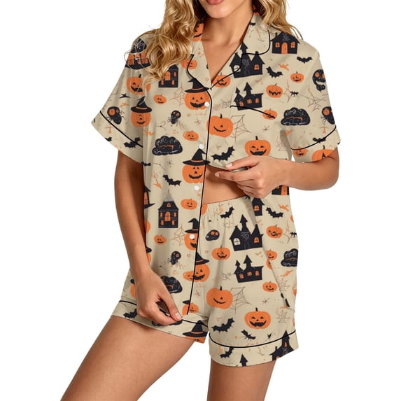 BOOMNY Halloween Womens Pajama Sets 2 Peice Pjs Set for Women Hallowmas Pumpkin Ghost Graphic Short Sleeve Buttons Sleepwear Tops Shorts Cozy Homewear Loungewear Sets